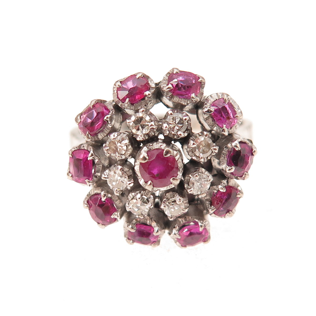 925 Sterling Silver Antique Art Deco Real Diamond & Ruby Floral Ring Size 6