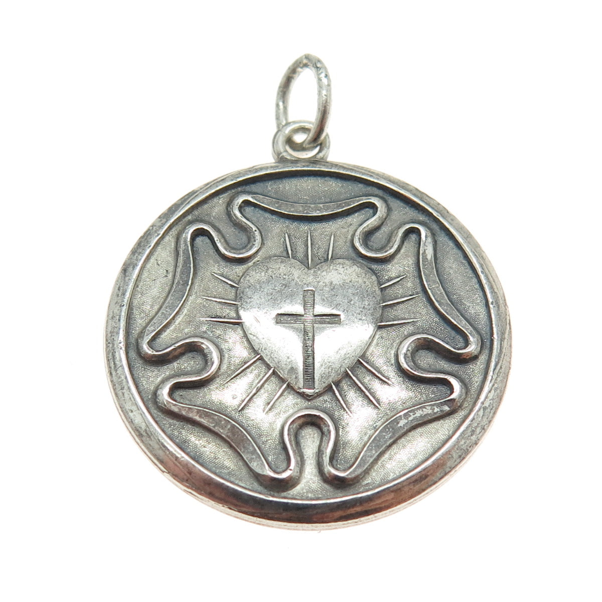 925 Sterling Silver Antique Art Deco "I Am Lutheran" Sacred Heart Round Pendant