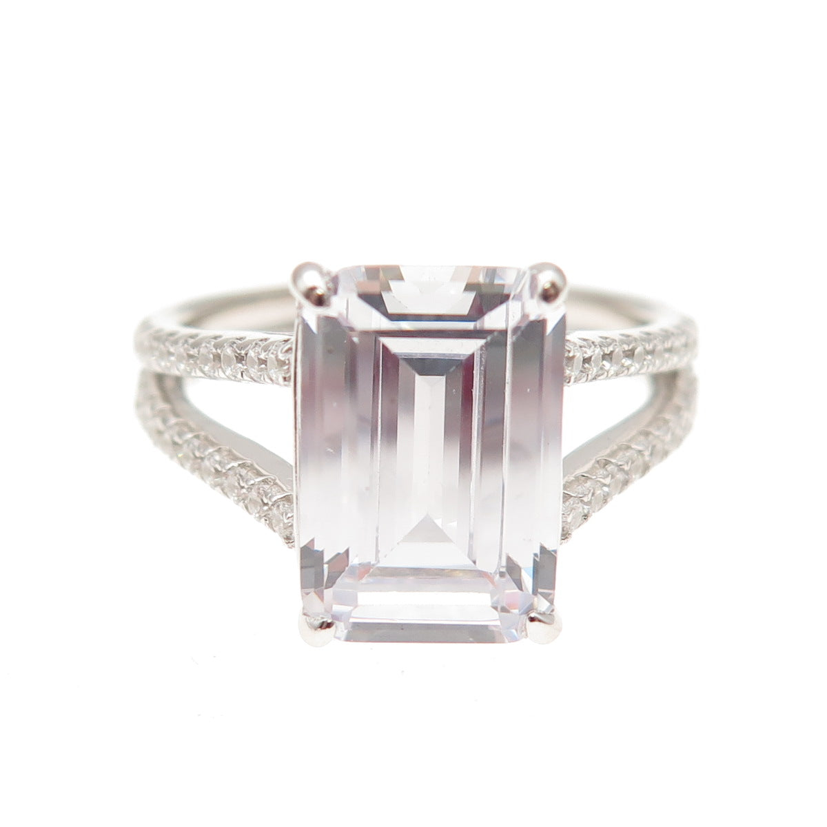 DSMK 925 Sterling Silver Emerald & Round-Cut C Z Engagement Ring Size 7.25