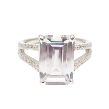 DSMK 925 Sterling Silver Emerald & Round-Cut C Z Engagement Ring Size 7.25