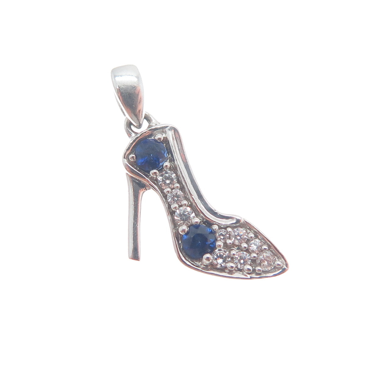 925 Sterling Silver Real Round-Cut Sapphire & C Z High Heel Shoe Mini Pendant