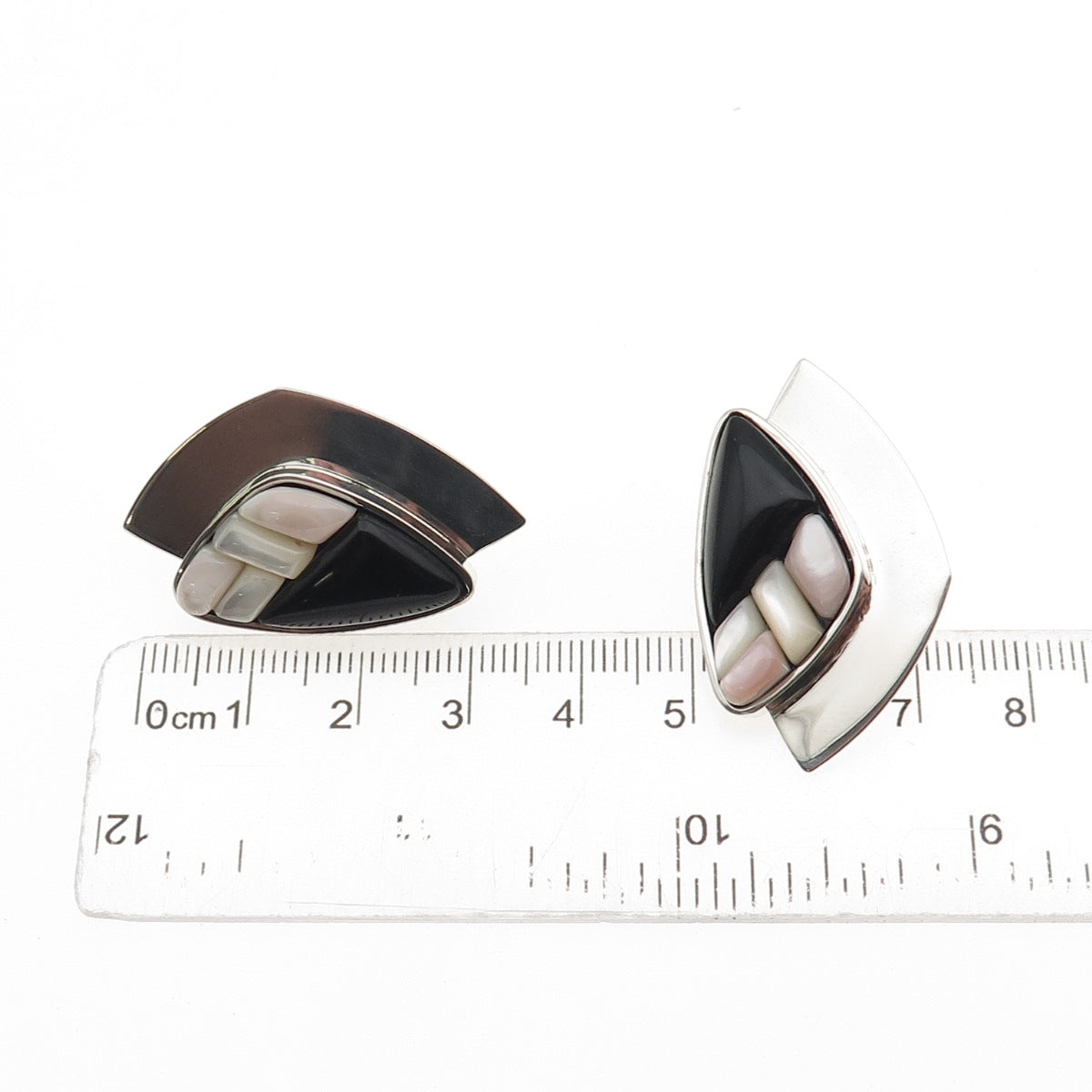 Jay King Desert Rose 925 Sterling Vintage Real Black Onyx MOP Modernist Earrings