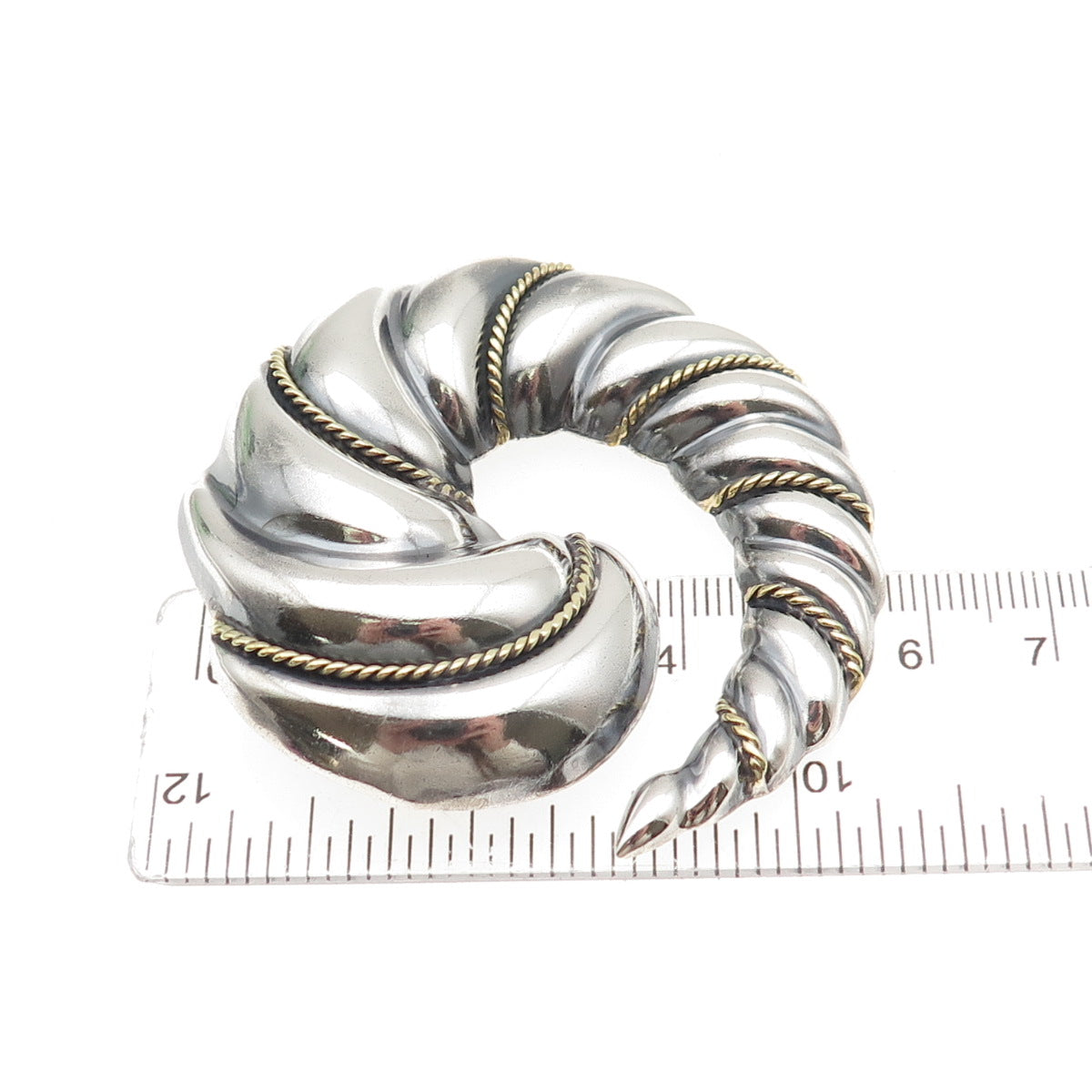 LATON 925 Sterling Silver 2-Tone Vintage Mexico Ribbed Spiral Pin Brooch Pendant