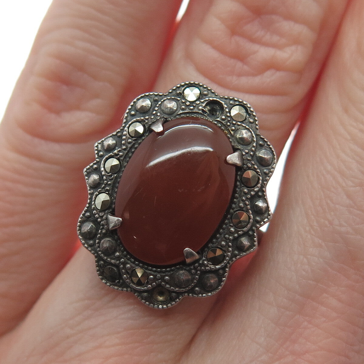 925 Sterling Silver Antique Carnelian Marcasite Ring Size 6.25 (missing 1 stone)