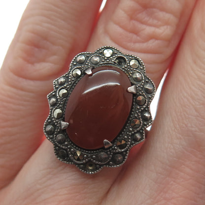 925 Sterling Silver Antique Carnelian Marcasite Ring Size 6.25 (missing 1 stone)