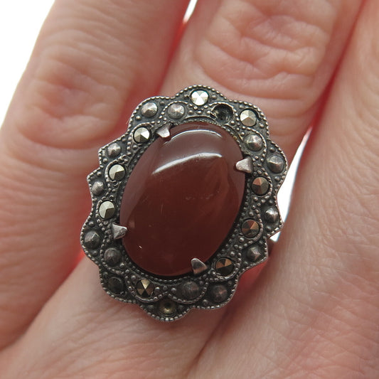 925 Sterling Silver Antique Carnelian Marcasite Ring Size 6.25 (missing 1 stone)