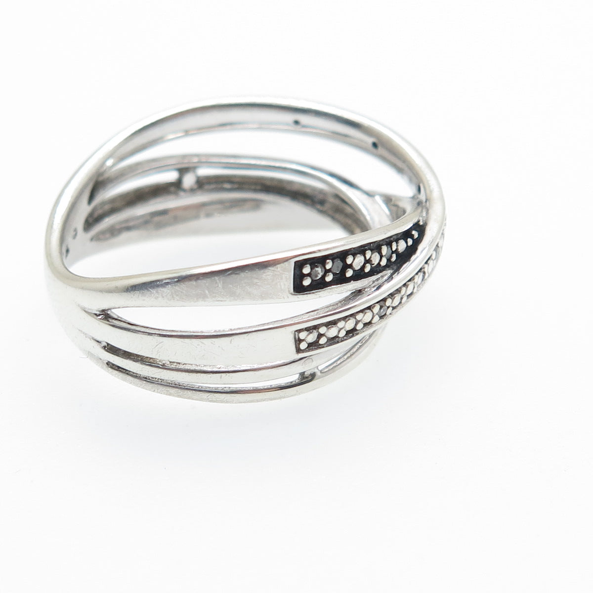 925 Sterling Silver Real Round-Cut Black & White Diamond Crisscross Ring Size 7