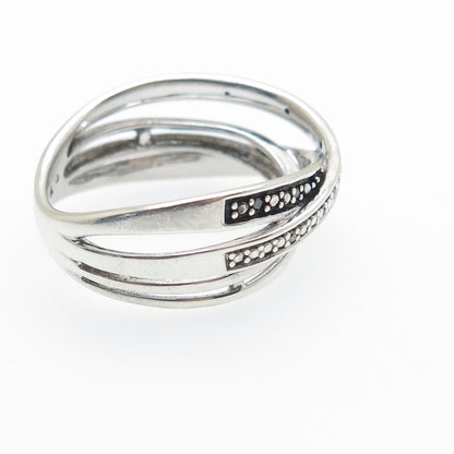 925 Sterling Silver Real Round-Cut Black & White Diamond Crisscross Ring Size 7