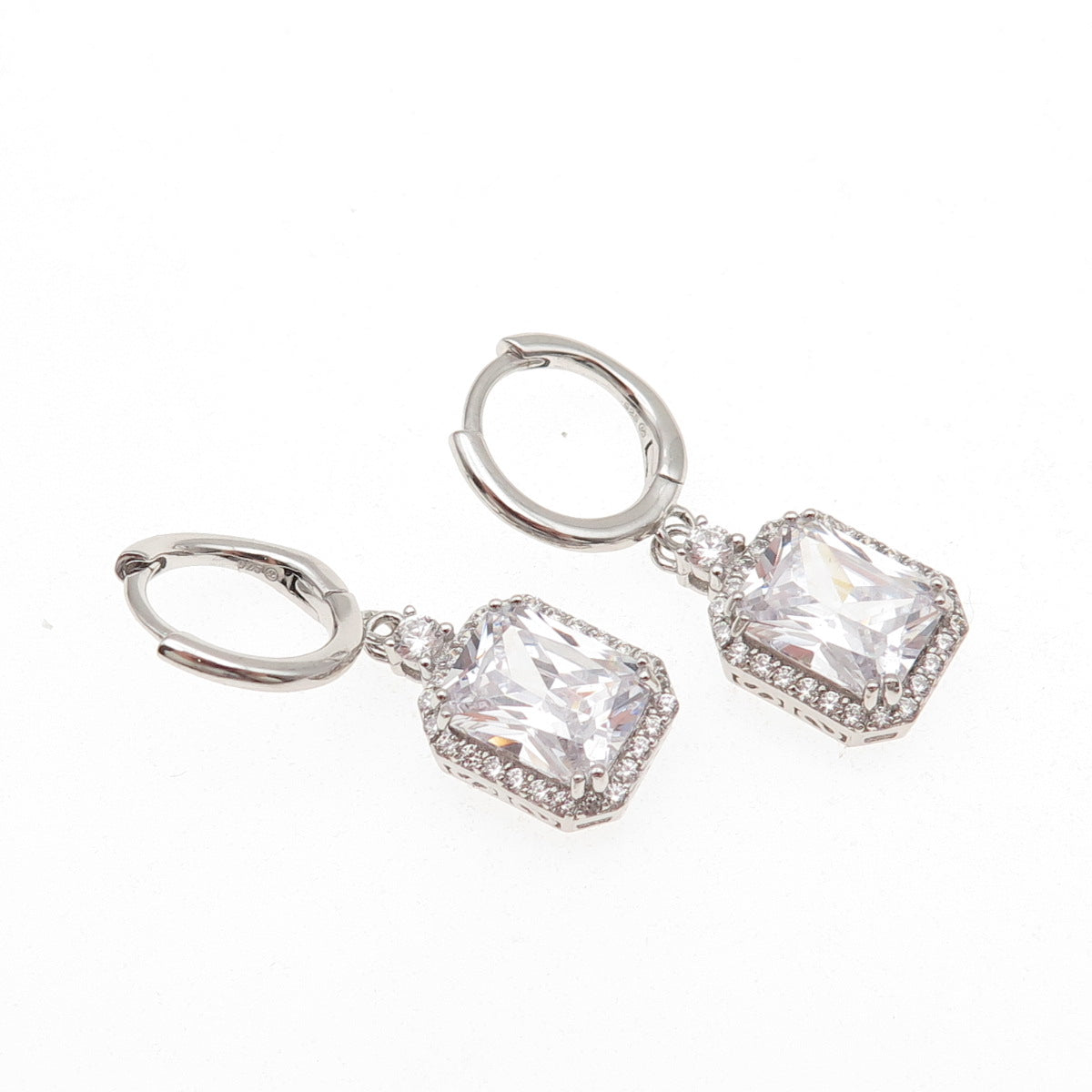 925 Sterling Silver Radiant & Round-Cut C Z Dangle Earrings