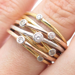 925 Sterling Silver 3-Tone Round-Cut C Z Station Crisscross Ring Size 7.25
