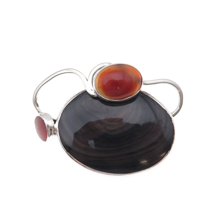 925 Sterling Silver Vintage Real Multi-Agate & Carnelian Modernist Slide Pendant