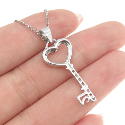 925 Sterling Silver Round-Cut C Z Heart Key Cable Chain Necklace 16"