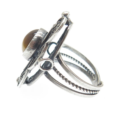 925 Sterling Silver Vintage Israel Tiger Eye Filigree Adjustable Ring Size 6.25