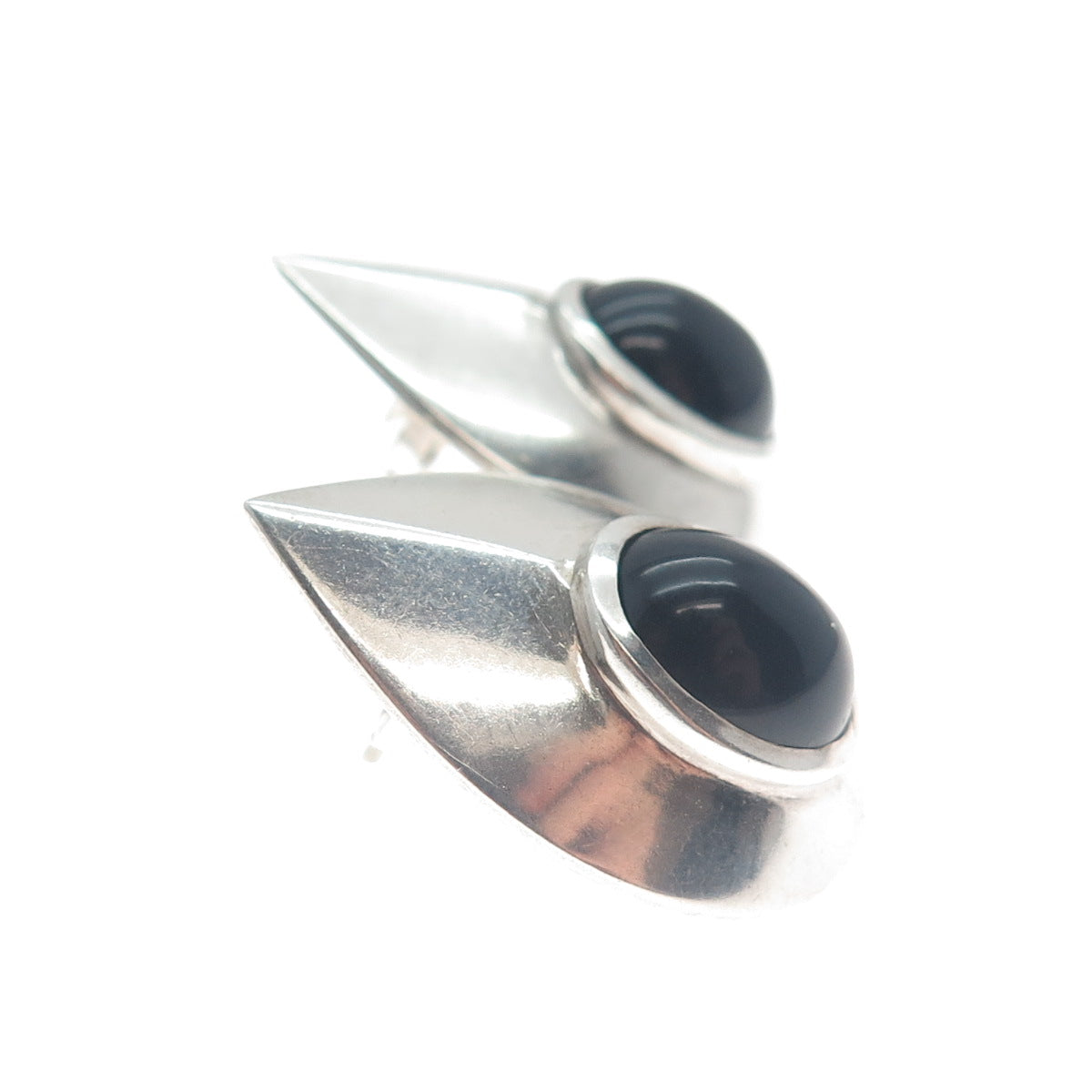 925 Sterling Silver Vintage Real Black Onyx Gemstone Teardrop Earrings