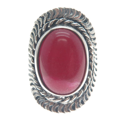 925 Sterling Silver Vintage Real Rhodonite Chain Link Oxidized Ring Size 10.5