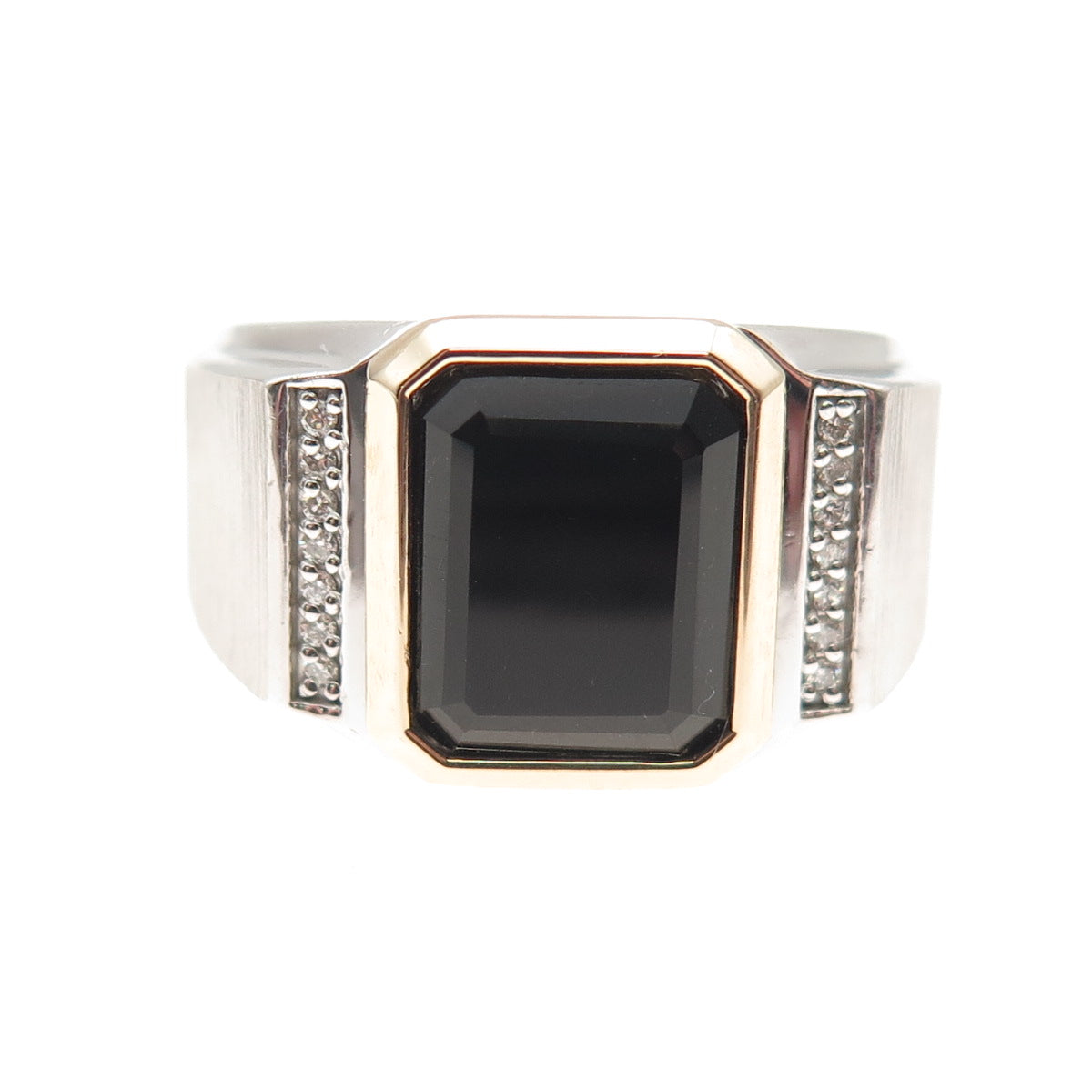 925 Sterling Silver 10K Gold Real Diamond & Black Onyx Ring Size 10.25