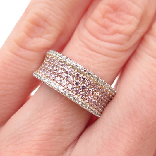 925 Sterling Silver 2-Tone Round-Cut Pink & White C Z Ring Size 5.25