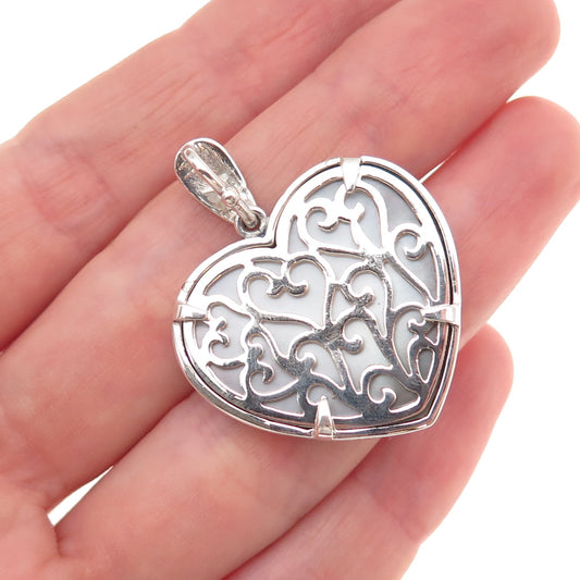 925 Sterling Silver Vintage Real Abalone Shell & Marcasite Heart Pendant