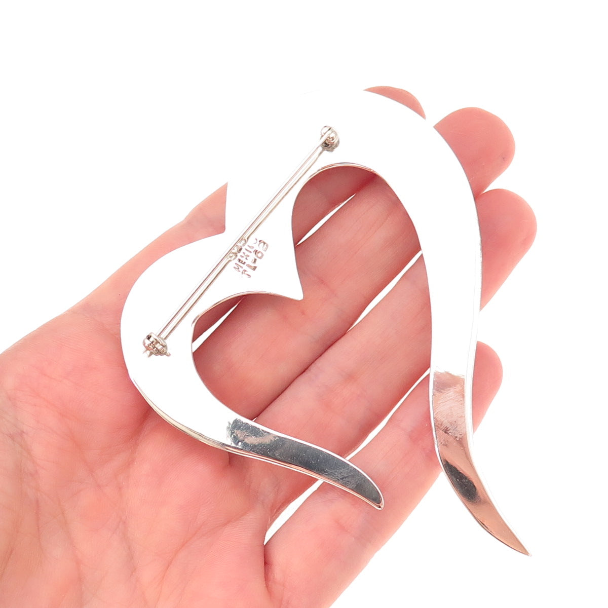 925 Sterling Silver Vintage Mexico Modernist Heart Large Pin Brooch