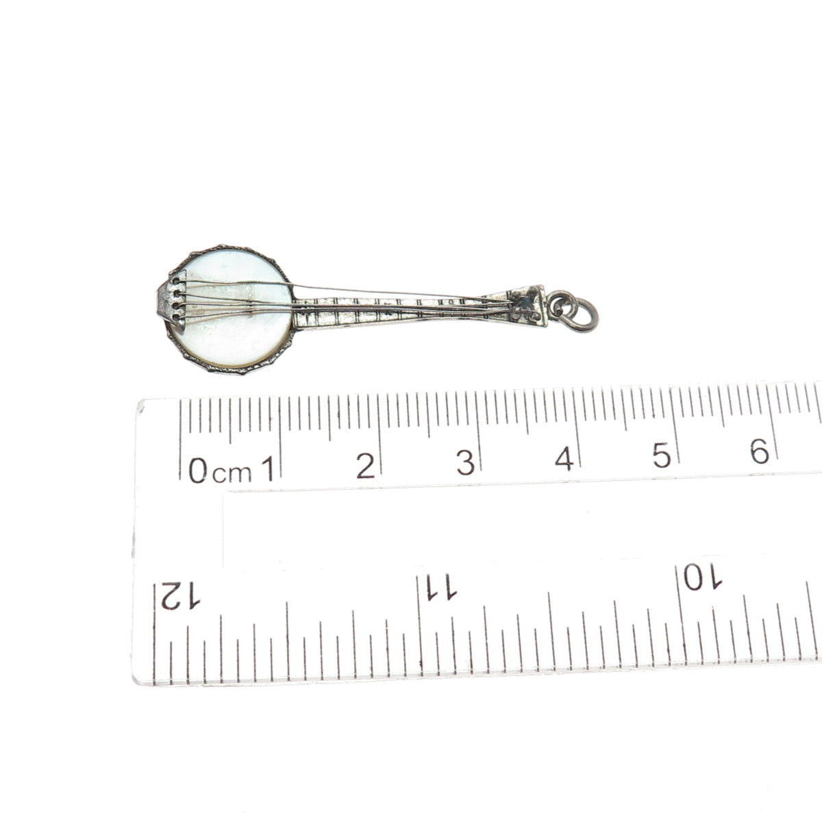 925 Sterling Silver Antique Art Deco Real MOP Banjo Music Instrument Pendant