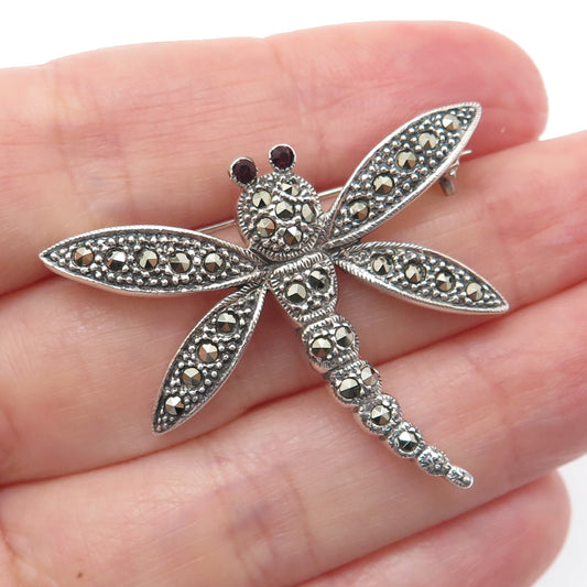 925 Sterling Silver Vintage Real Marcasite & Red Garnet Dragonfly Pin Brooch