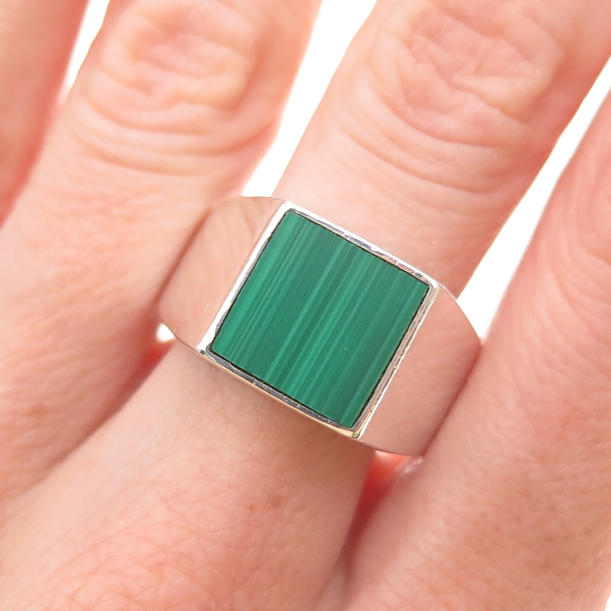 925 Sterling Silver Vintage Mexico Real Malachite Signet Ring Size 11.25