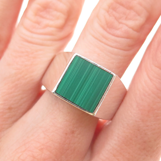 925 Sterling Silver Vintage Mexico Real Malachite Signet Ring Size 11.25