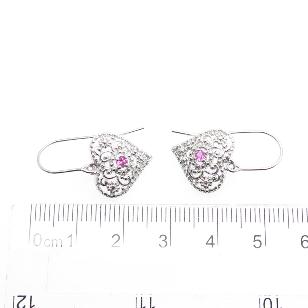 ROSS SIMONS 925 Sterling Silver Real Pink Sapphire Heart Earrings