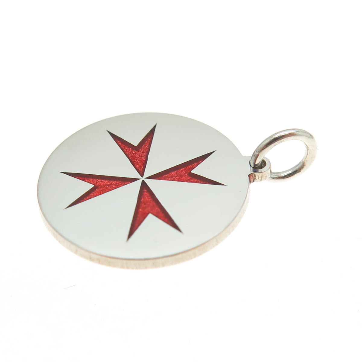 925 Sterling Silver Red Enamel Maltese Cross Round Tag Minimalist Charm Pendant