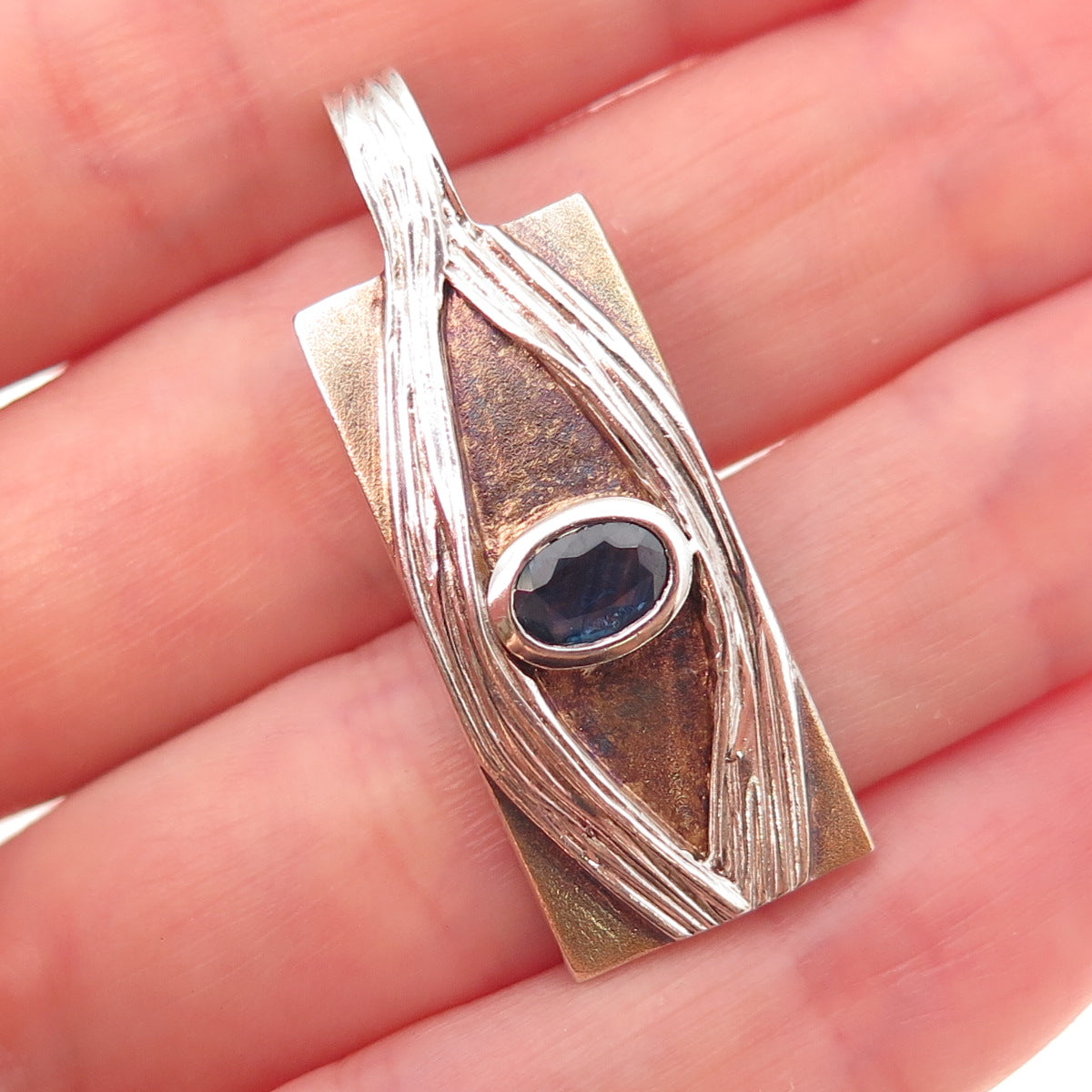 Juvite Sterling Silver 2-Tone Vintage Real Sapphire Evil Eye Modernist Pendant