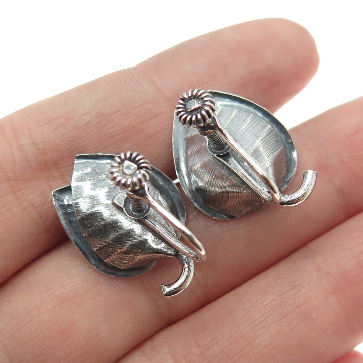 925 Sterling Silver Antique Art Deco Calla Lily Oxidized Screw Back Earrings