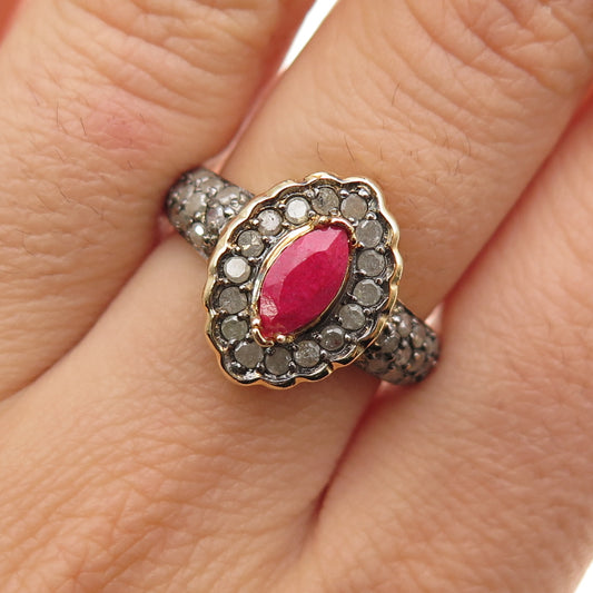 925 Sterling Silver Gold Plated Real Round-Cut Diamond & Ruby Ring Size 7.25