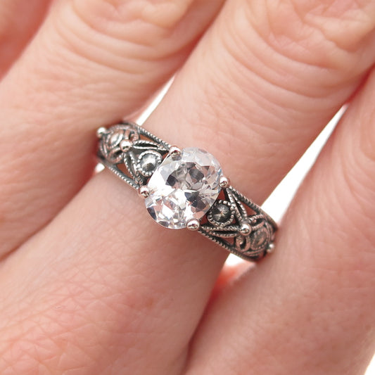 RJ Graziano Sterling Silver Vintage Oval-Cut C Z Floral Oxidized Ring Size 7.25