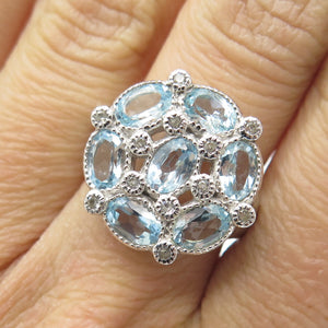925 Sterling Silver Real White & Blue Sapphire Cluster Ring Size 7