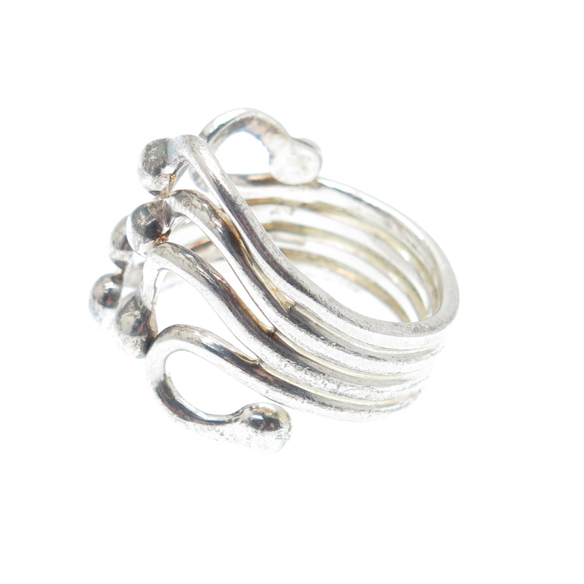 925 Sterling Silver Vintage Modernist Beaded Bypass Adjustable Ring Size 10.75