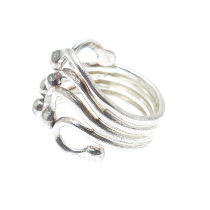 925 Sterling Silver Vintage Modernist Beaded Bypass Adjustable Ring Size 10.75