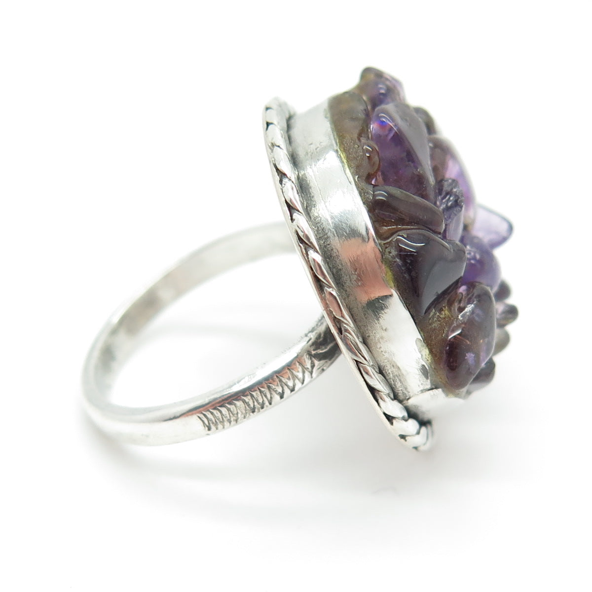 925 Sterling Silver Vintage Real Amethyst Gemstone Modernist Ring Size 7.25