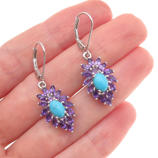 Chuck Clemency 925 Sterling Silver Real Turquoise & Amethyst Dangle Earrings