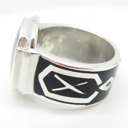 925 Sterling Silver Vintage Enamel Runic Ring Size 10