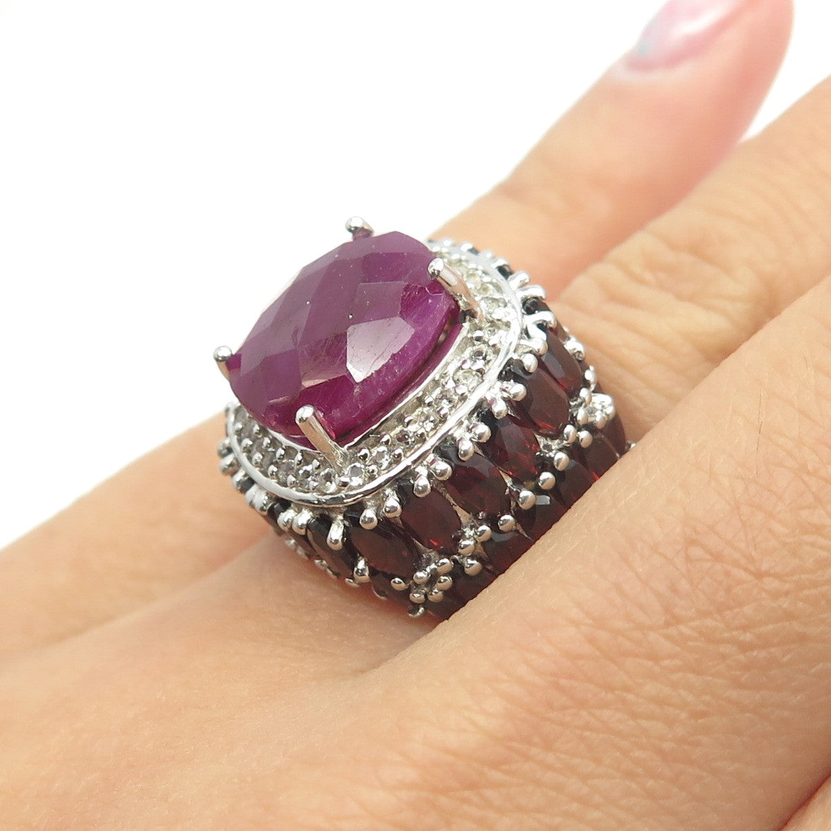 SAM 925 Sterling Silver Real White Topaz Ruby & Red Garnet Gemstone Ring Size 7