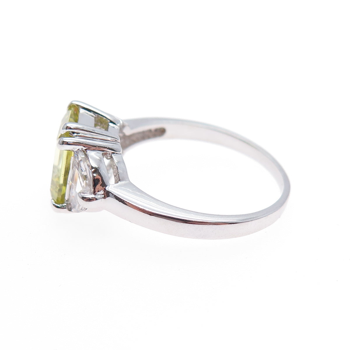 925 Sterling Silver Emerald-Cut Canary & White C Z Ring Size 9