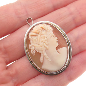 975 Silver 2-Tone Vintage Real MOP Carved Lady Cameo Pin Brooch / Pendant