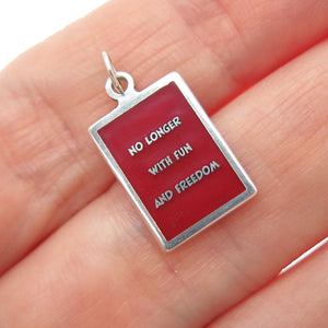 925 Sterling Red Enamel No Longer With Fun & Freedom Minimalist Charm Pendant