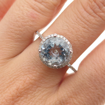 925 Sterling Silver Real Diamond Approx. 0.35ct & Aquamarine Gem Ring Size 12
