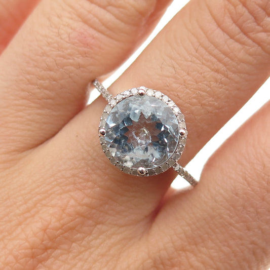 925 Sterling Silver Real Diamond Approx. 0.35ct & Aquamarine Gem Ring Size 12