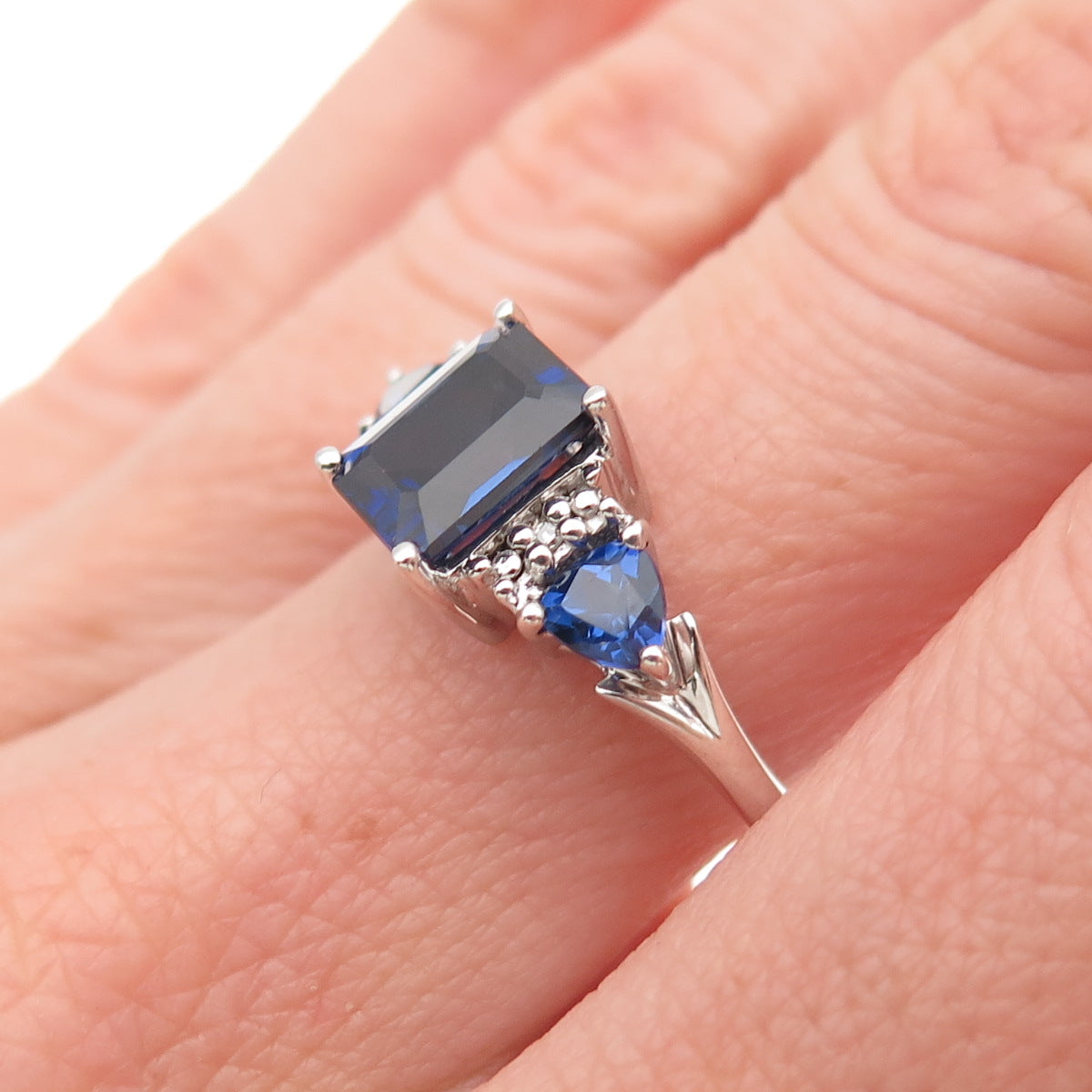 925 Sterling Silver Real Diamond & Lab-Created Sapphire Ring Size 8.25