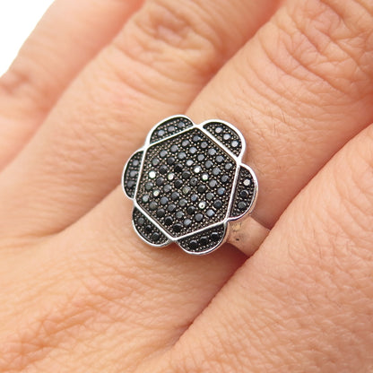925 Sterling Silver Round-Cut Black C Z Flower Ring Size 7