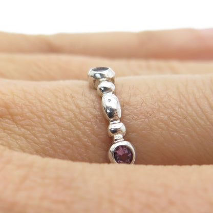 925 Sterling Silver Real Round-Cut Amethyst Gem Beaded Band Ring Size 7