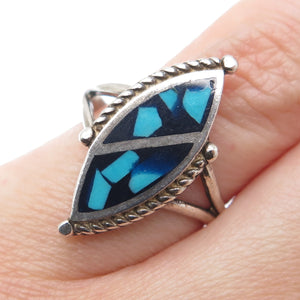 925 Sterling Silver Vintage Southwestern Turquoise Inlay Oxidized Ring Size 6.5