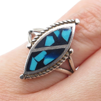 925 Sterling Silver Vintage Southwestern Turquoise Inlay Oxidized Ring Size 6.5